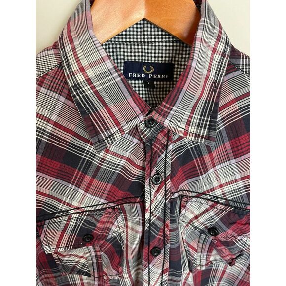 Fred Perry Red Black Plaid Button Down Long Sleeve Collared Shirt Men's L - Picture 3 of 11